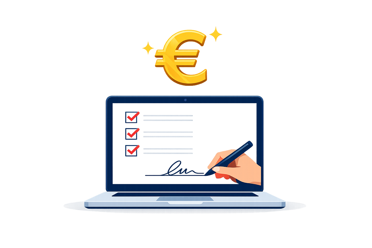 Illustratie: online controle van een teruggaaf, met een checklist en een euroteken op een laptopscherm.
